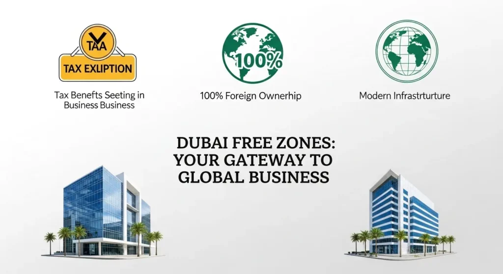 Benefits of setting up a business in Dubai's free zones - tax incentives, 100% foreign ownership, and global connections.