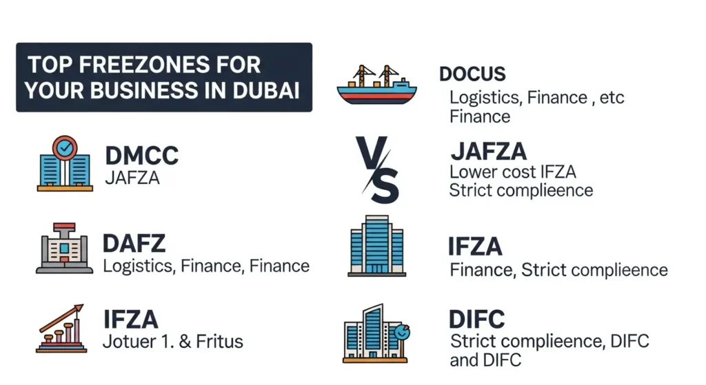 Comparison of top Dubai Free Zones - DMCC, JAFZA, DAFZ, IFZA, and DIFC for company setup.