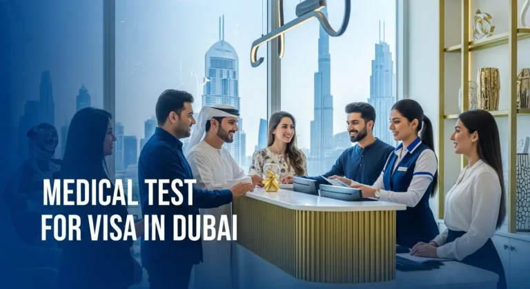 Modern medical fitness center in Dubai with staff assisting diverse clients for visa medical tests, featuring Dubai skyline in the background.