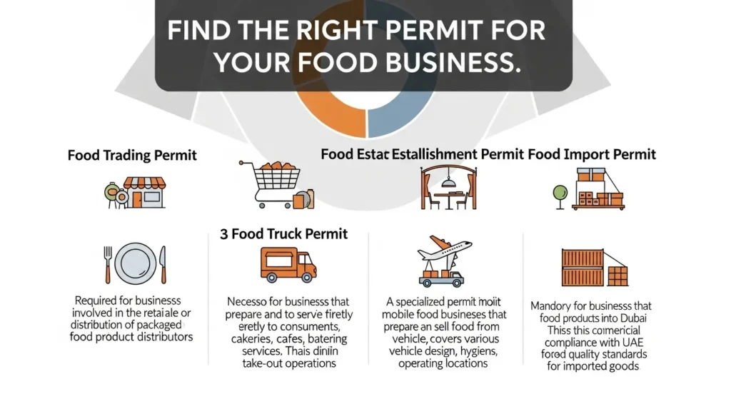 Different types of food permits required in Dubai for various food business activities.